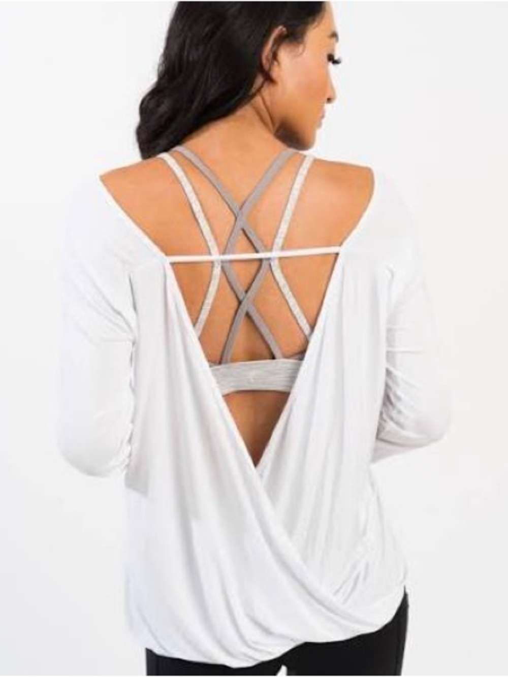 ZYIA Active White Namaste Long Sleeve Draped Open Back Shirt Size Small